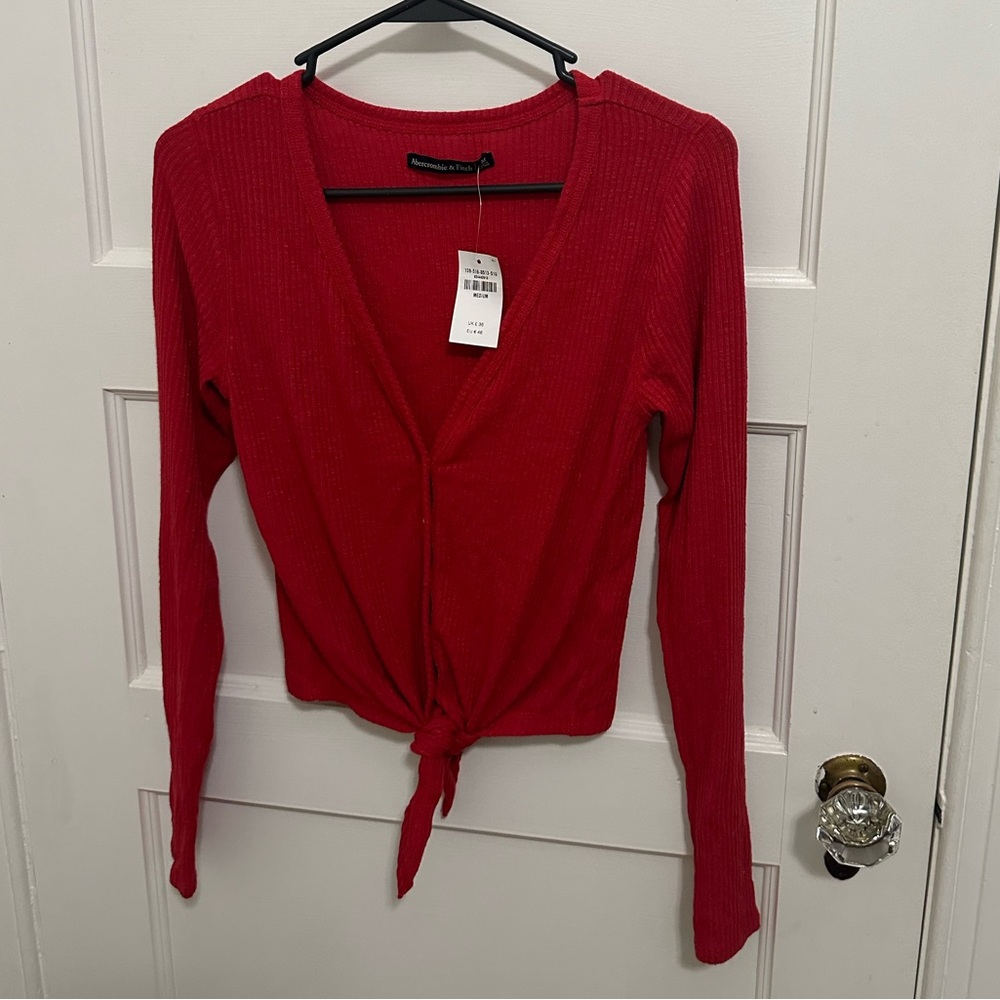 NWT Red Long Sleeve Tie-Front Top